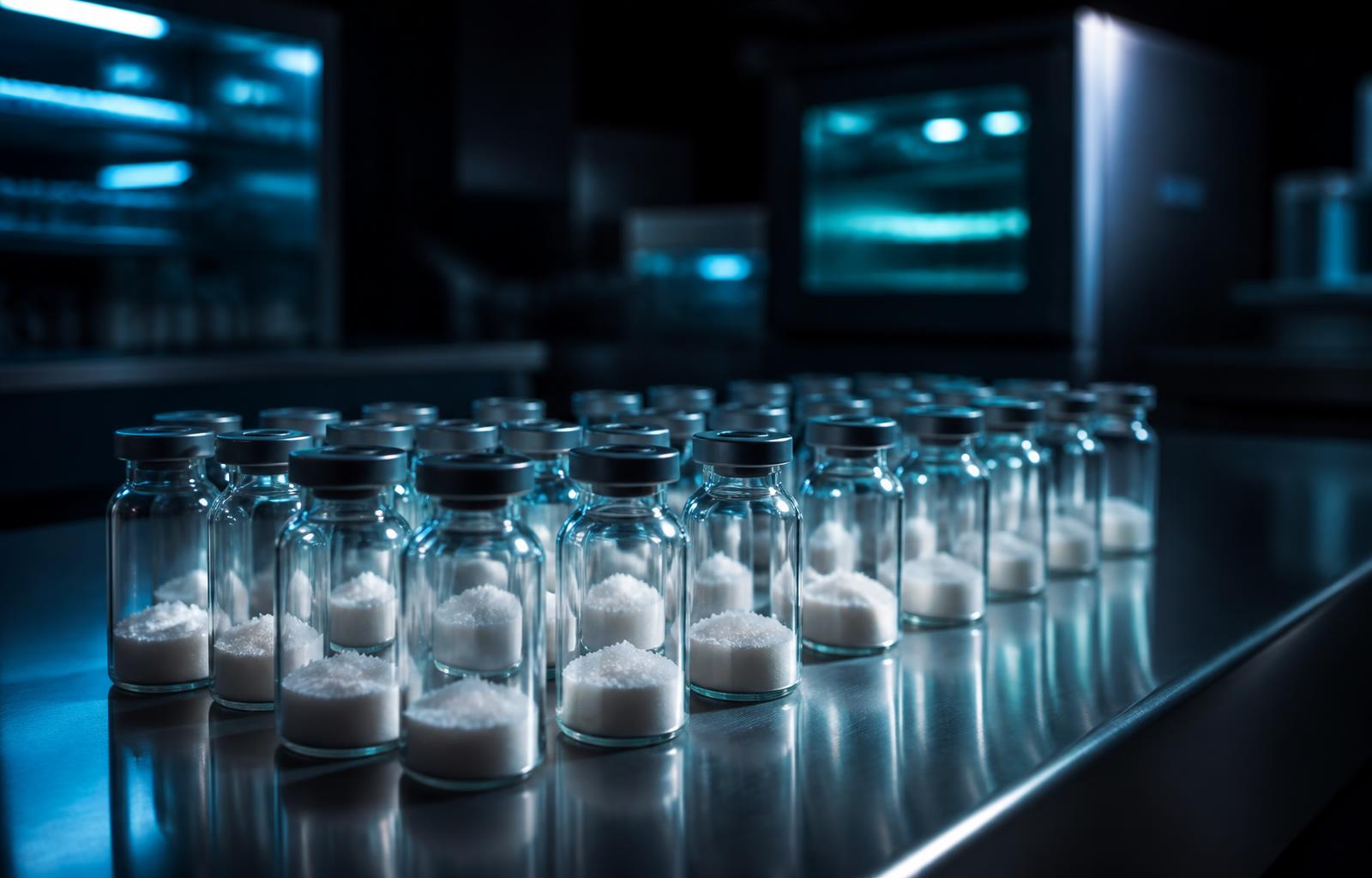 Laboratory bench lined with sealed research vials